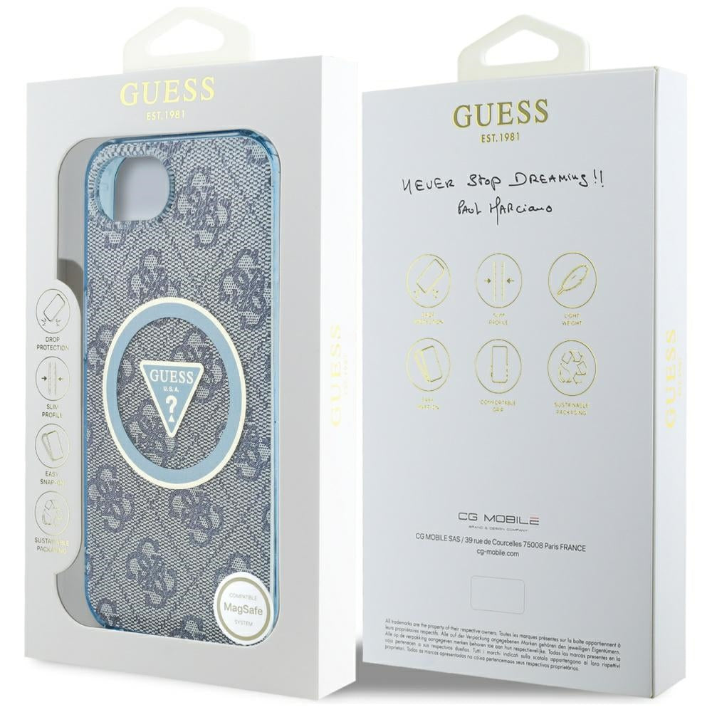 MagSafe Hülle für Apple iPhone 17e / 16e, Guess, IML Glitter 4G Circle Triangle, Blau