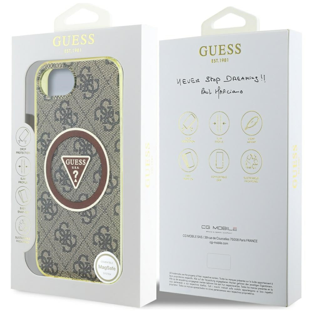 MagSafe Hülle für Apple iPhone 17e / 16e, Guess, IML Glitter 4G Circle Triangle, Braun