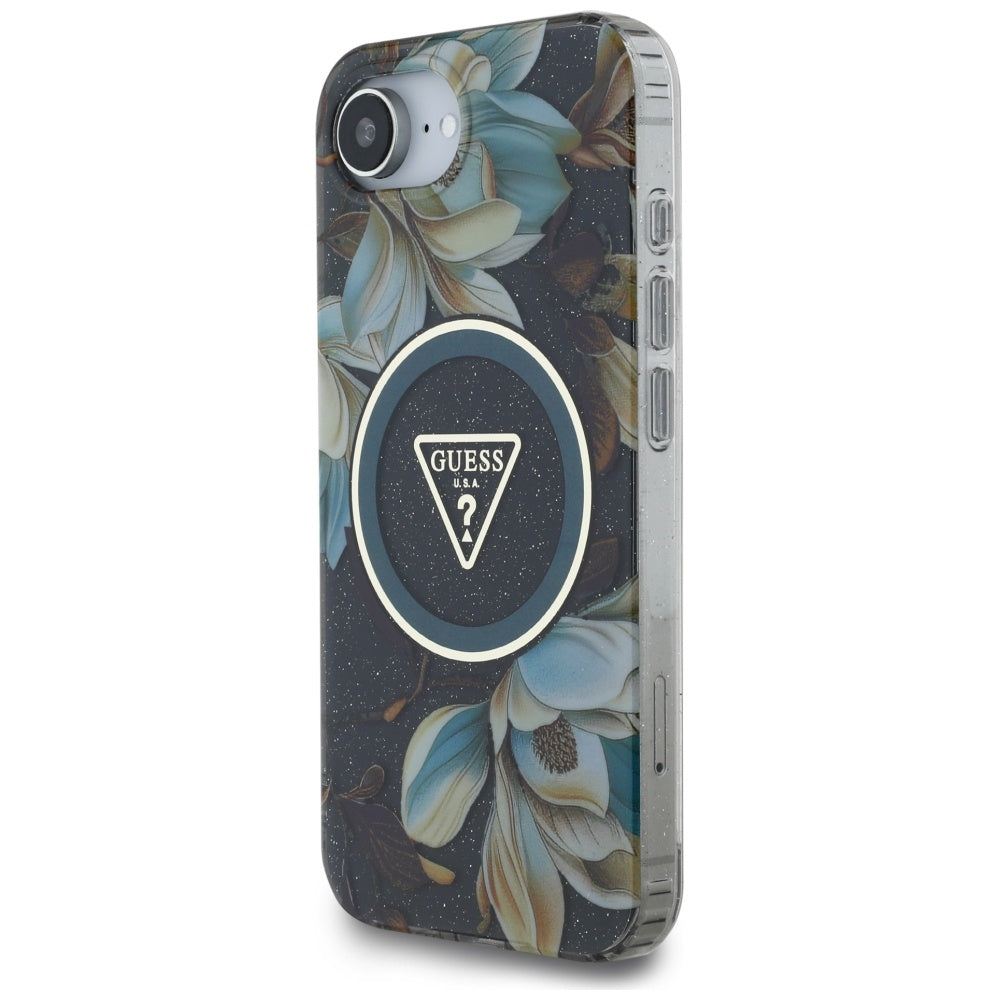 MagSafe Hülle für Apple iPhone 17e / 16e, Guess, IML Metal Glitter Flowers Triangle, Schwarz