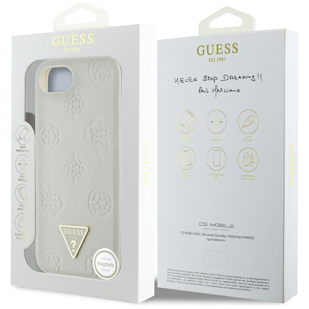 MagSafe Hülle für Apple iPhone 17e / 16e, Guess, Peony Grained Hot Stamp Triangle, Beige