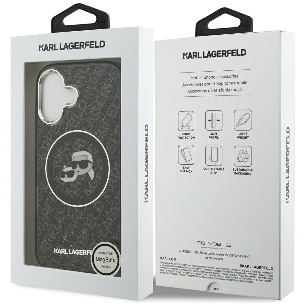 MagSafe Hülle für Apple iPhone 17, Karl Lagerfeld, Glitter Karl & Choupette Head, Schwarz