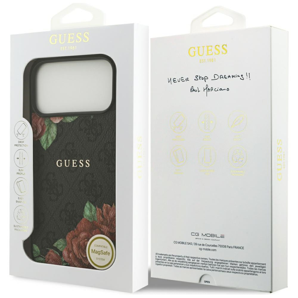 MagSafe Hülle für Apple iPhone 17 Pro, Guess, 4G Flowers Print, Schwarz