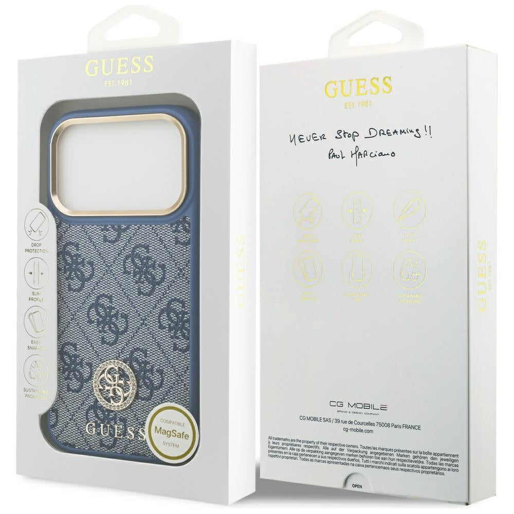MagSafe Case for Apple iPhone 17 Pro, Guess, 4G Strass Logo, Blue