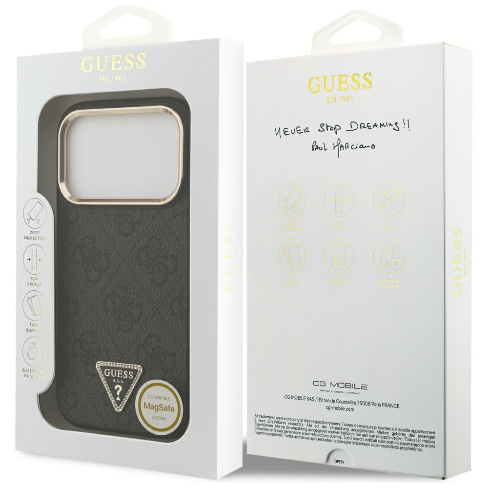 MagSafe Hülle für Apple iPhone 17 Pro, Guess, 4G Triangle Logo, Schwarz Gold