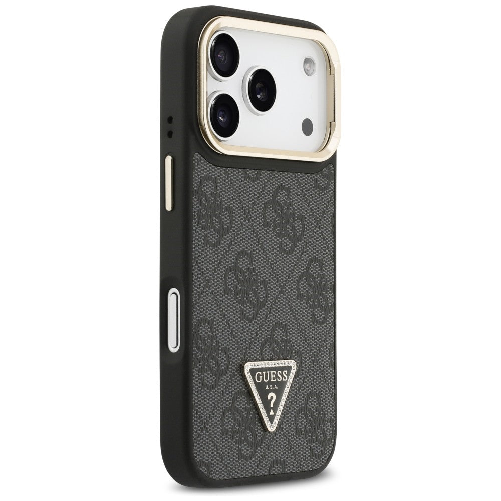 MagSafe Hülle für Apple iPhone 17 Pro, Guess, 4G Triangle Logo mit Kameraständer, Schwarz Gold
