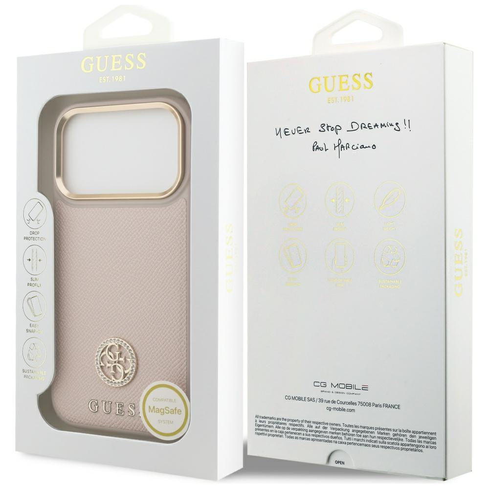 MagSafe Hülle für Apple iPhone 17 Pro, Guess, Grained Strass Logo, Rosa