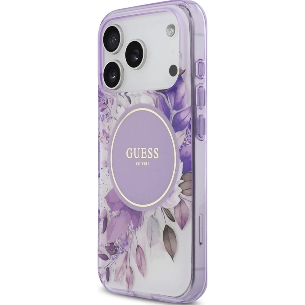 MagSafe Hülle für Apple iPhone 17 Pro, Guess, IML Flower & Tonal Circle, Lila