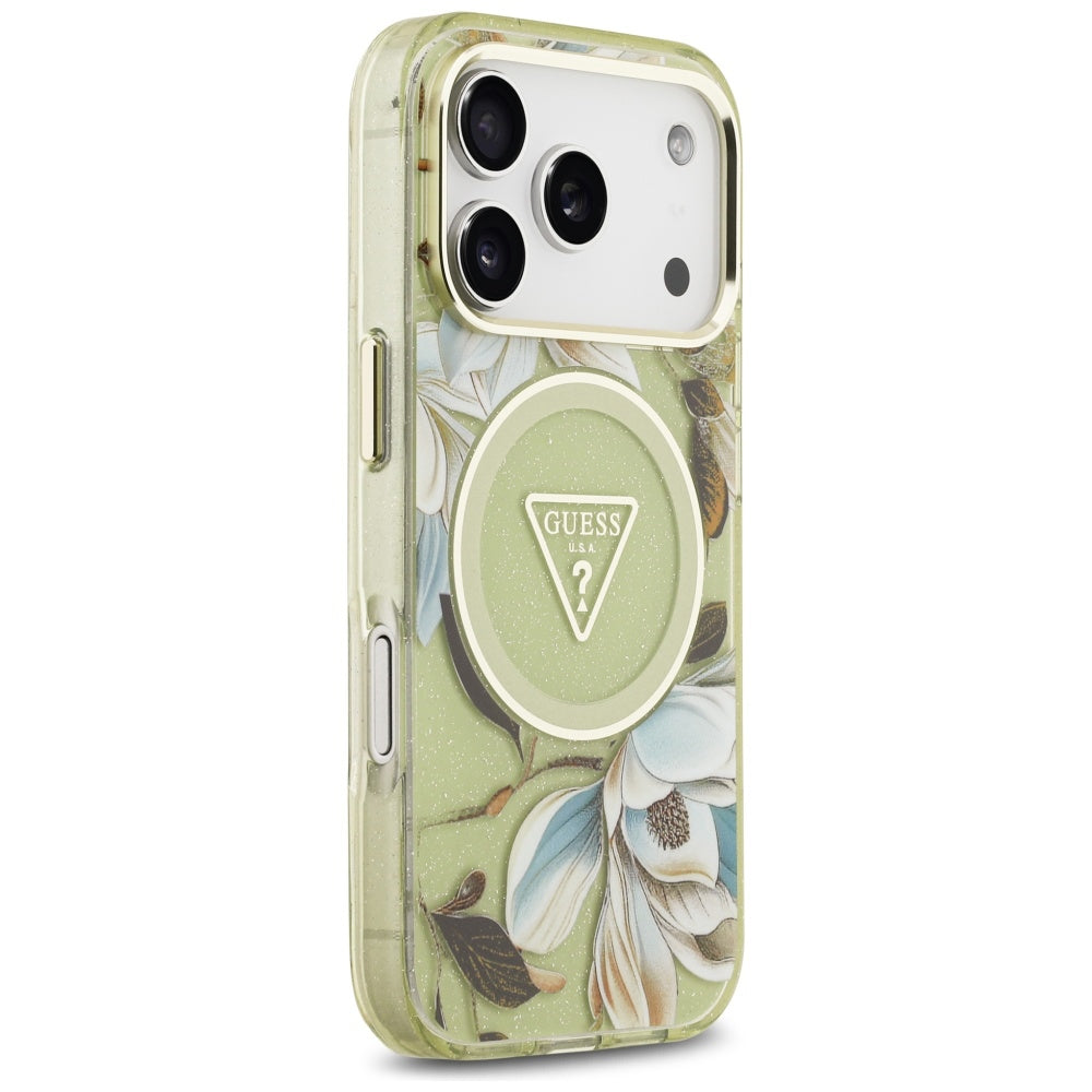 MagSafe Hülle für Apple iPhone 17 Pro, Guess, IML Metal Glitter Flowers Triangle, Grün