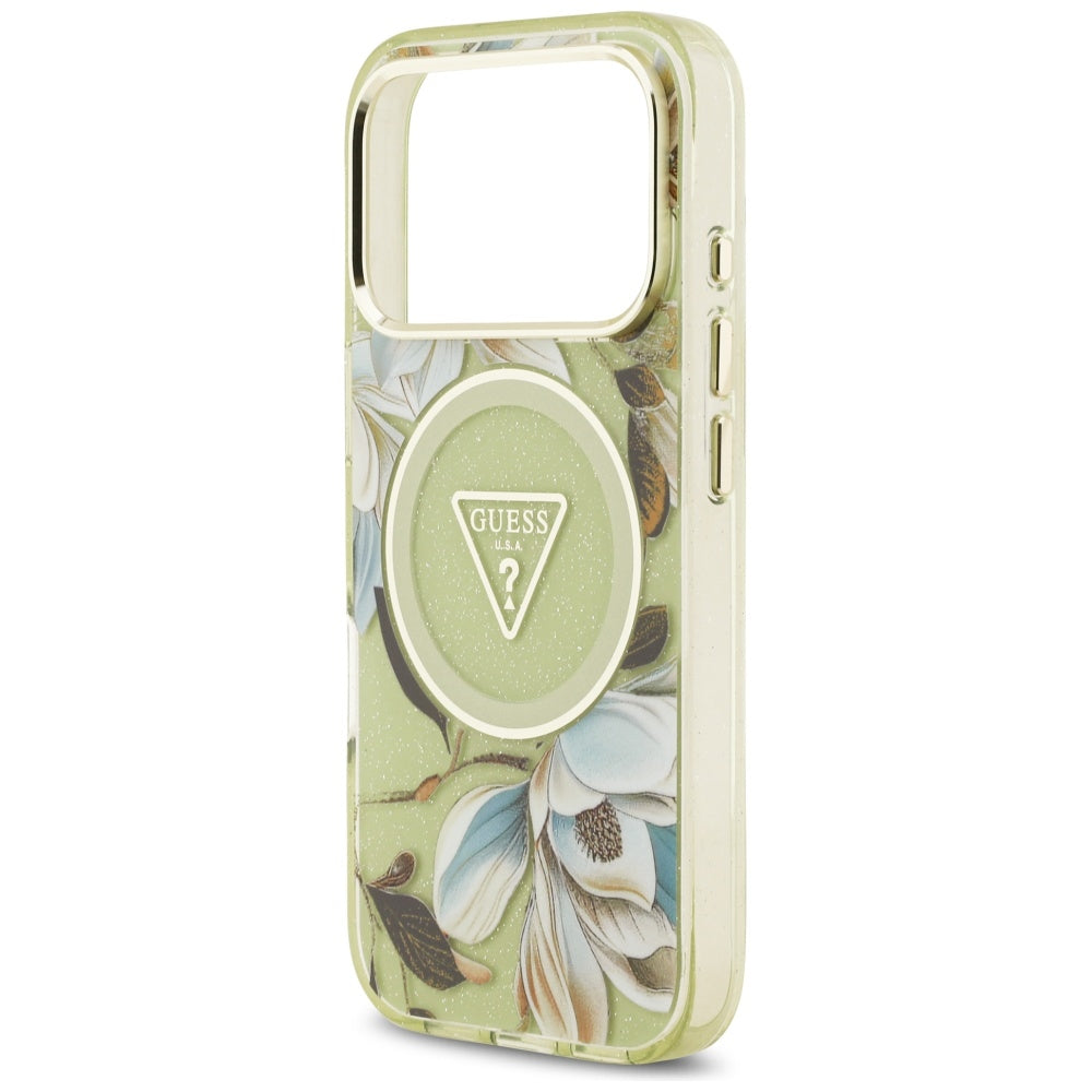 MagSafe Hülle für Apple iPhone 17 Pro, Guess, IML Metal Glitter Flowers Triangle, Grün