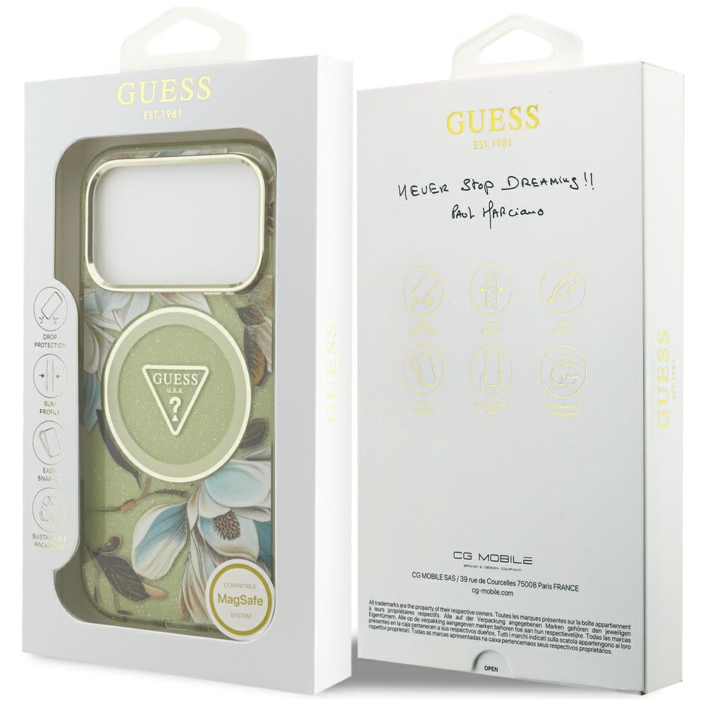 MagSafe Hülle für Apple iPhone 17 Pro, Guess, IML Metal Glitter Flowers Triangle, Grün