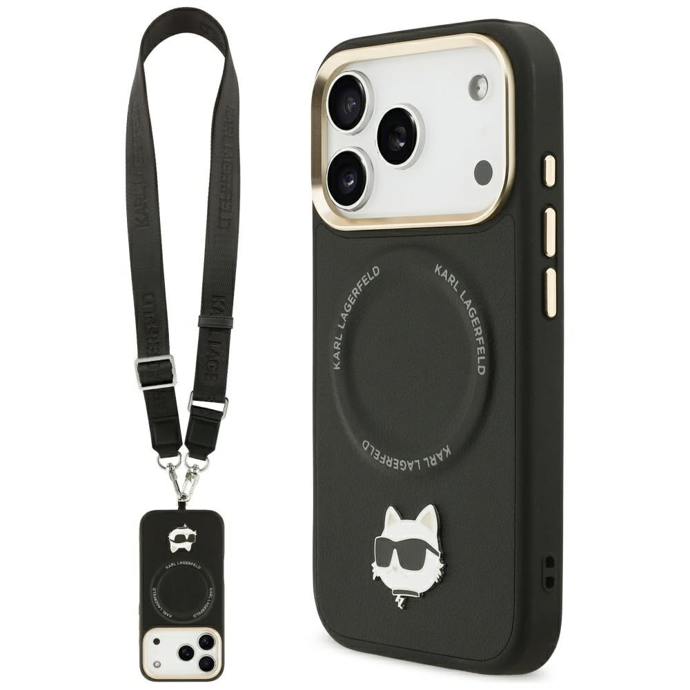 MagSafe Hülle für Apple iPhone 17 Pro, Karl Lagerfeld, Big Strap Choupette Metal Logo, Schwarz