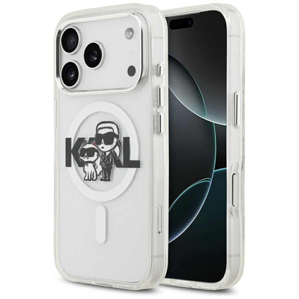 MagSafe Case for Apple iPhone 17 Pro, Karl Lagerfeld, IML Sketch Logo Glitter Karl & Choupette, Transparent