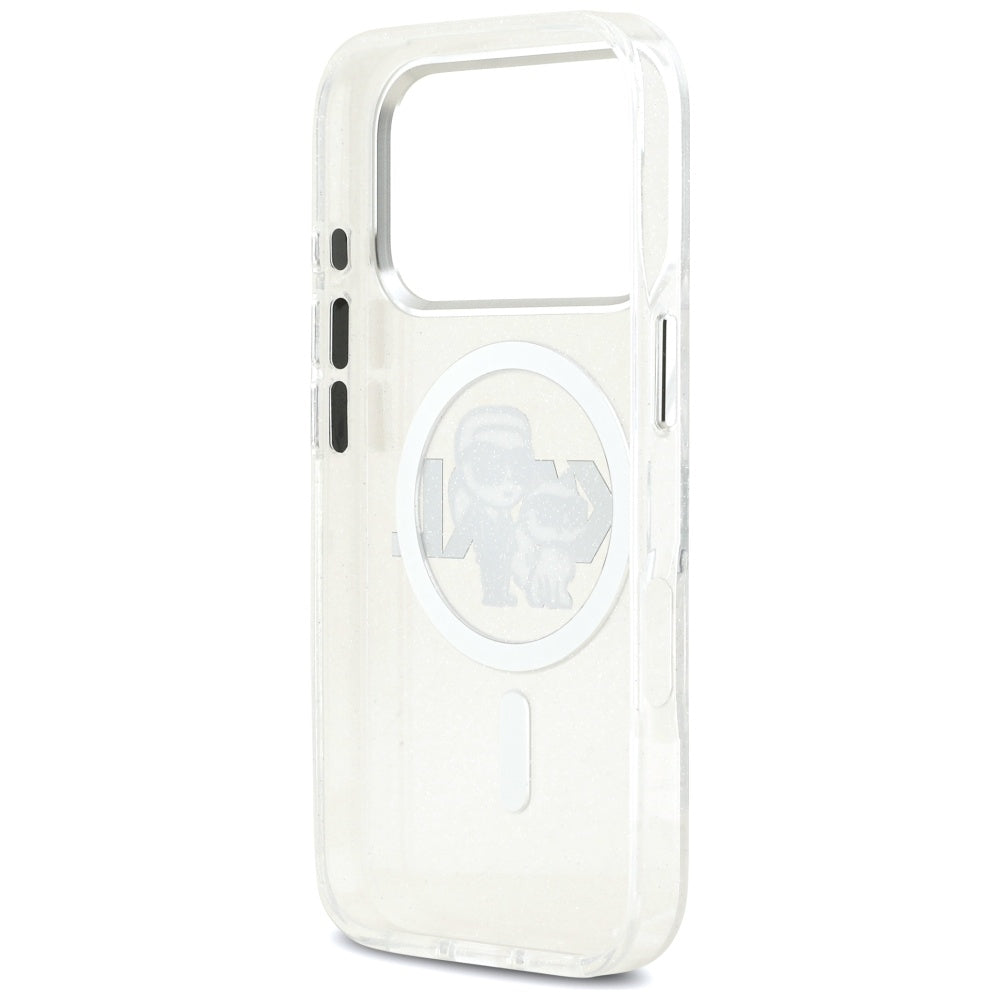 MagSafe Case for Apple iPhone 17 Pro, Karl Lagerfeld, IML Sketch Logo Glitter Karl & Choupette, Transparent