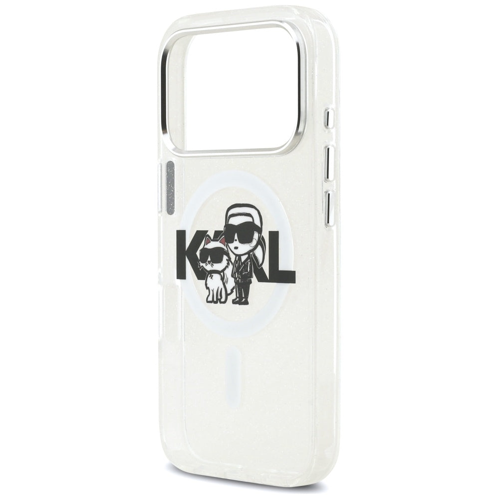MagSafe Case for Apple iPhone 17 Pro, Karl Lagerfeld, IML Sketch Logo Glitter Karl & Choupette, Transparent