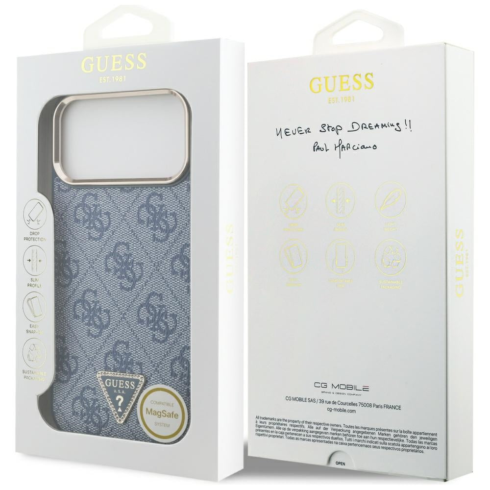 MagSafe Hülle für Apple iPhone 17 Pro Max, Guess, 4G Triangle Logo, Goldenes Blau