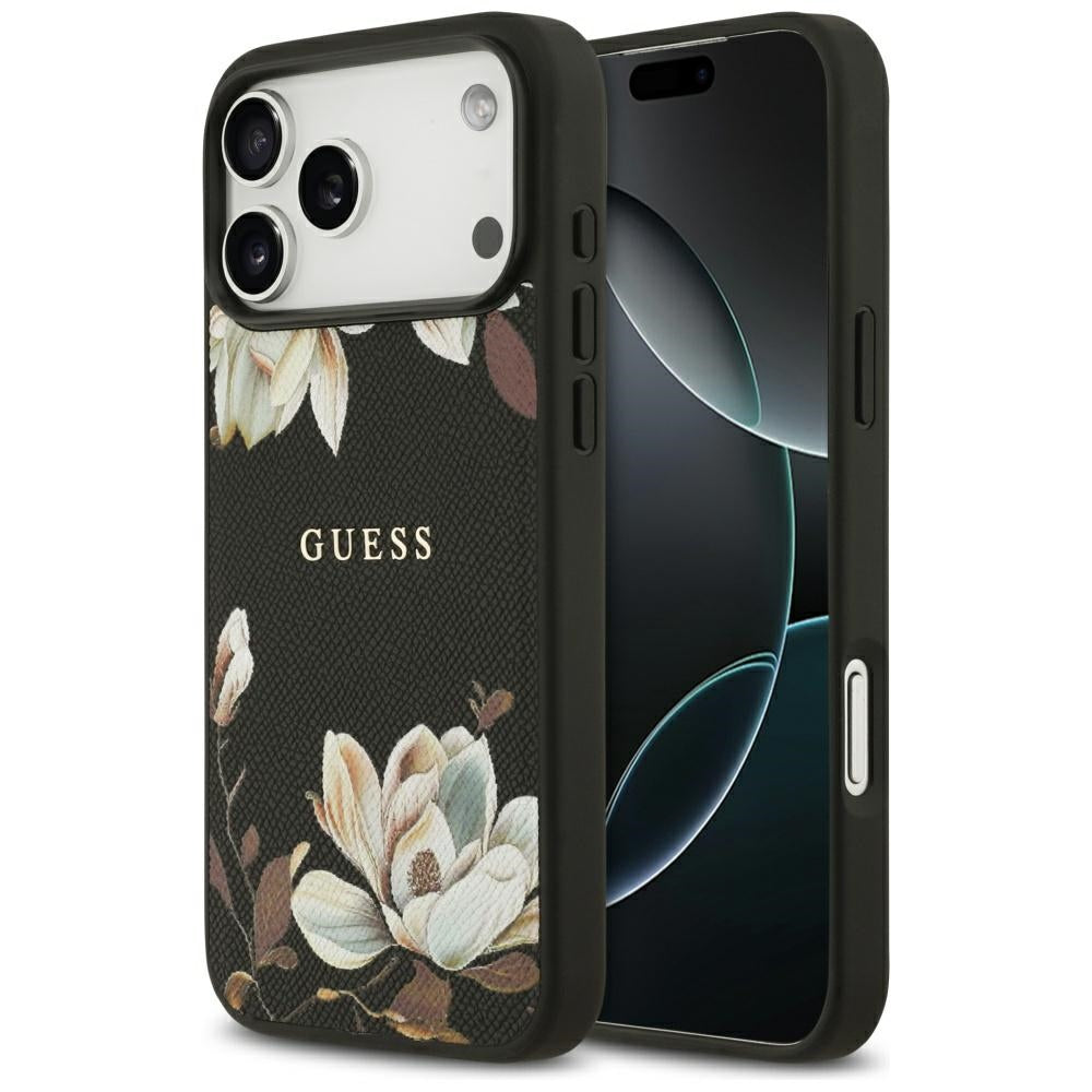 MagSafe Hülle für Apple iPhone 17 Pro Max, Guess, Grained Flowers, Schwarz