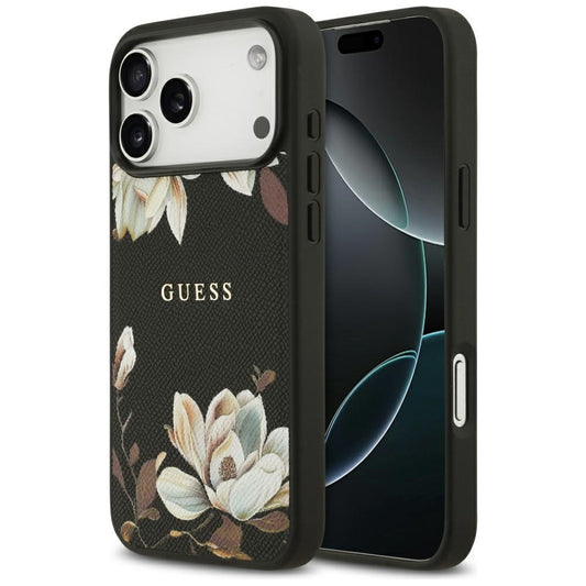 MagSafe Hülle für Apple iPhone 17 Pro Max, Guess, Grained Flowers, Schwarz