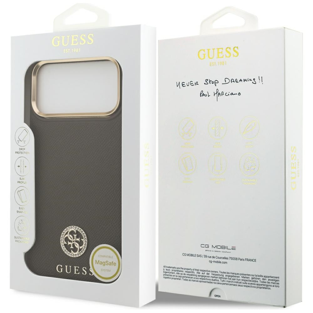MagSafe Hülle für Apple iPhone 17 Pro Max, Guess, Grained Strass Logo, Braun