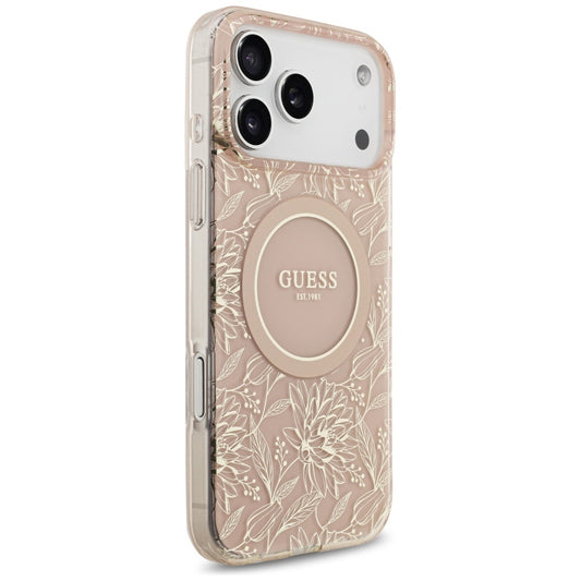 MagSafe Hülle für Apple iPhone 17 Pro Max, Guess, IML Flowers Allover Electroplated with Pearl Strap, Rosa
