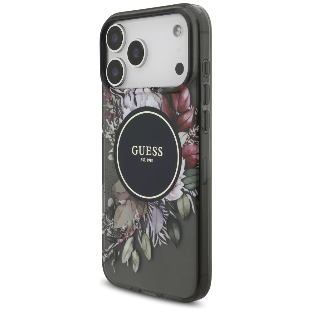 MagSafe Hülle für Apple iPhone 17 Pro Max, Guess, IML Flowers with Pearl Strap, Schwarz