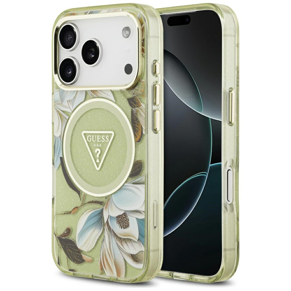 MagSafe Case for Apple iPhone 17 Pro Max, Guess, IML Metal Glitter Flowers Triangle, Green