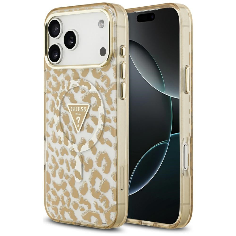MagSafe Hülle für Apple iPhone 17 Pro Max, Guess, Leopard Glitter, Braun
