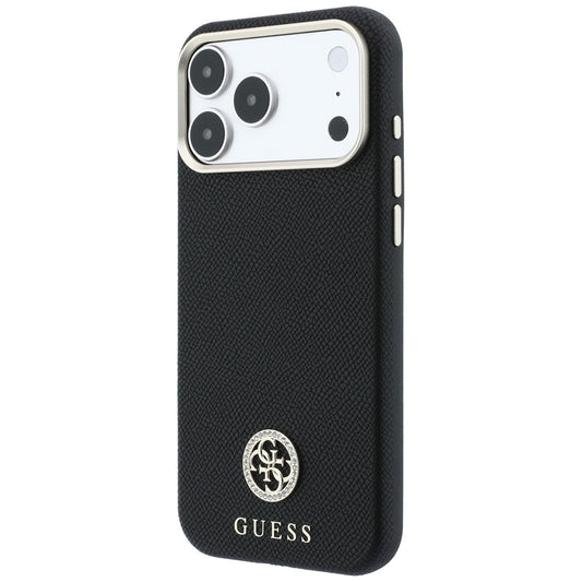 MagSafe-Hülle für Apple iPhone 18 Pro / 17 Pro, Guess, genarbtes rundes Strass-Logo, schwarz