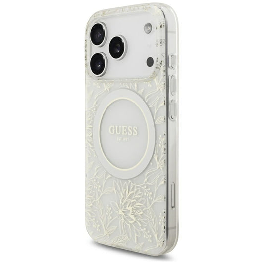 MagSafe-Hülle für Apple iPhone 18 Pro / 17 Pro, Guess, IML Flowers galvanisiert mit Perlenriemen, Weiß