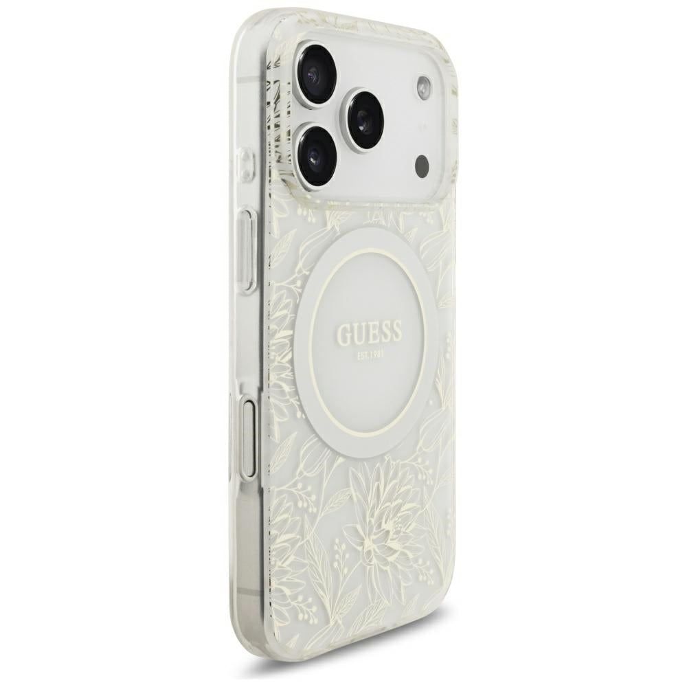 MagSafe-Hülle für Apple iPhone 18 Pro / 17 Pro, Guess, IML Flowers galvanisiert mit Perlenriemen, Weiß