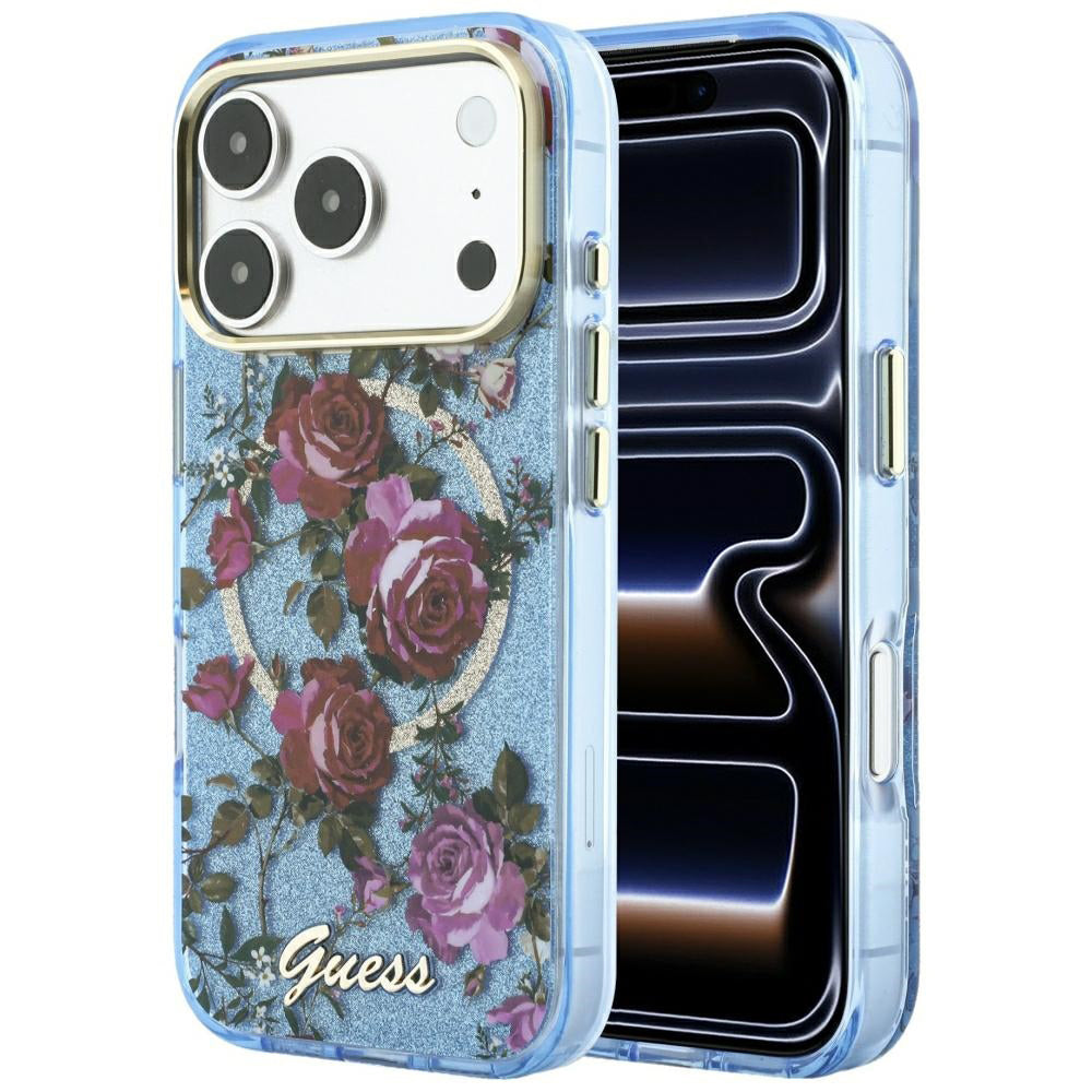 MagSafe-Hülle für Apple iPhone 18 Pro / 17 Pro, Guess, IML Glitter Blossom Roses, Blau