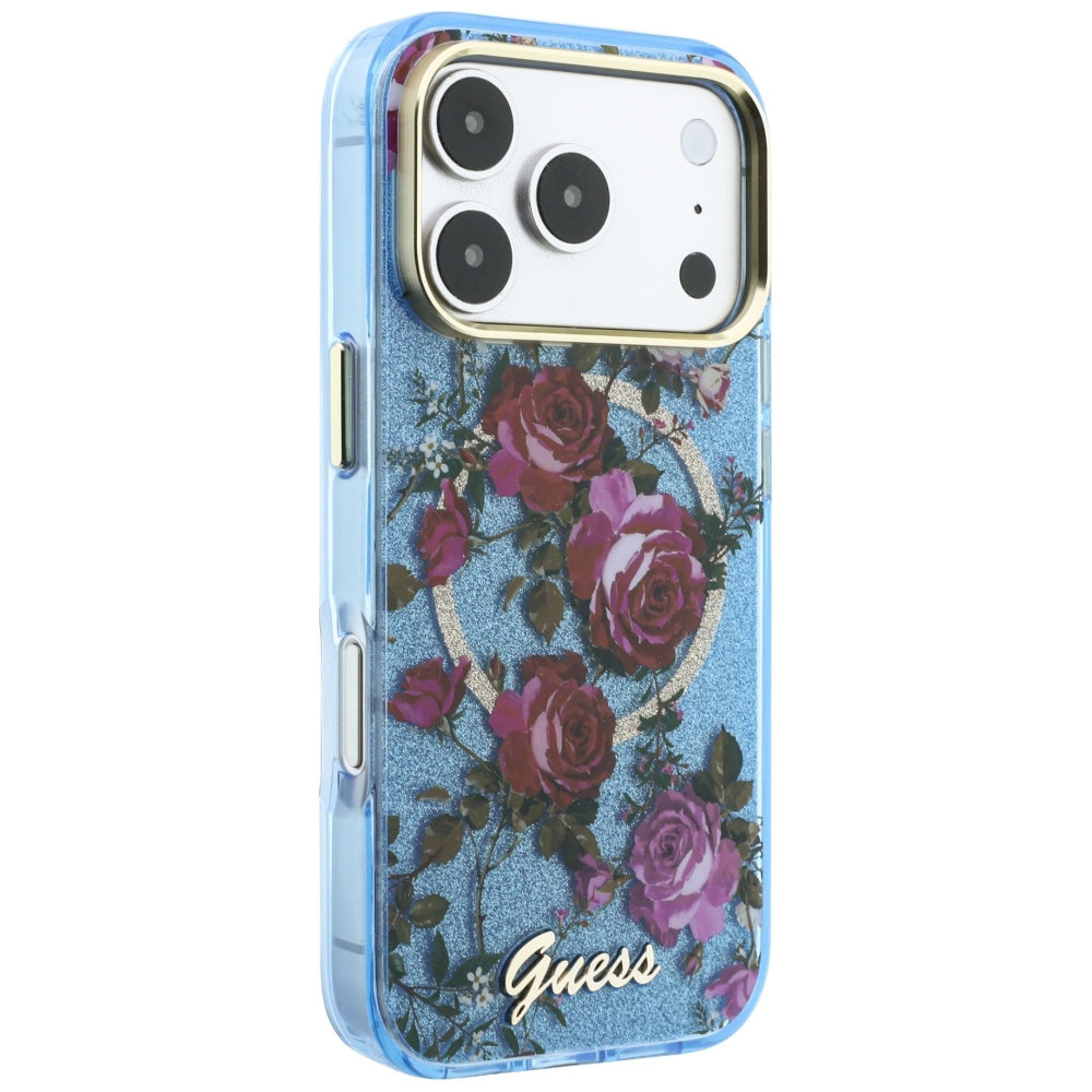 MagSafe-Hülle für Apple iPhone 18 Pro / 17 Pro, Guess, IML Glitter Blossom Roses, Blau