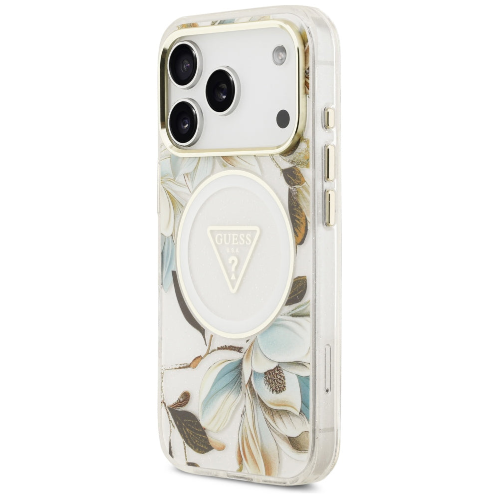 MagSafe-Hülle für Apple iPhone 18 Pro / 17 Pro, Guess, IML Metal Glitter Flowers Triangle, Weiß
