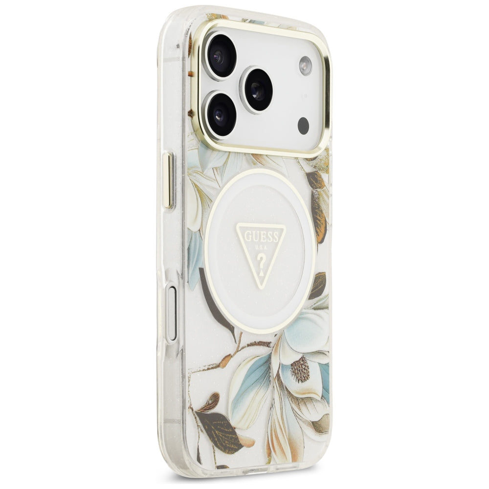 MagSafe-Hülle für Apple iPhone 18 Pro / 17 Pro, Guess, IML Metal Glitter Flowers Triangle, Weiß