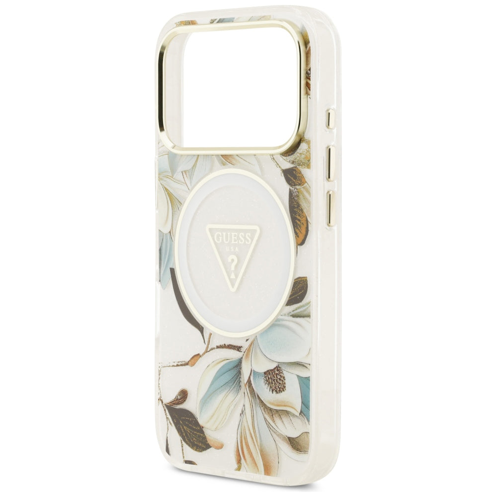 MagSafe-Hülle für Apple iPhone 18 Pro / 17 Pro, Guess, IML Metal Glitter Flowers Triangle, Weiß