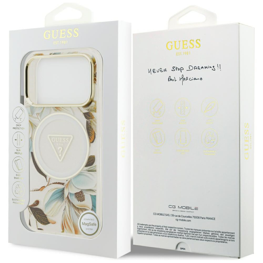 MagSafe-Hülle für Apple iPhone 18 Pro / 17 Pro, Guess, IML Metal Glitter Flowers Triangle, Weiß