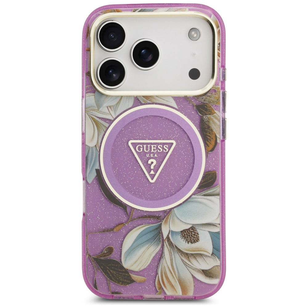 MagSafe-Hülle für Apple iPhone 18 Pro / 17 Pro, Guess, IML Metal Glitter Flowers Triangle, Lila