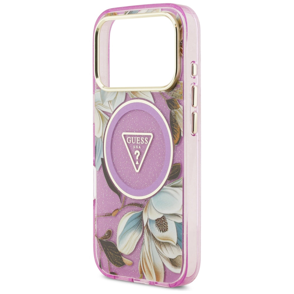 MagSafe-Hülle für Apple iPhone 18 Pro / 17 Pro, Guess, IML Metal Glitter Flowers Triangle, Lila