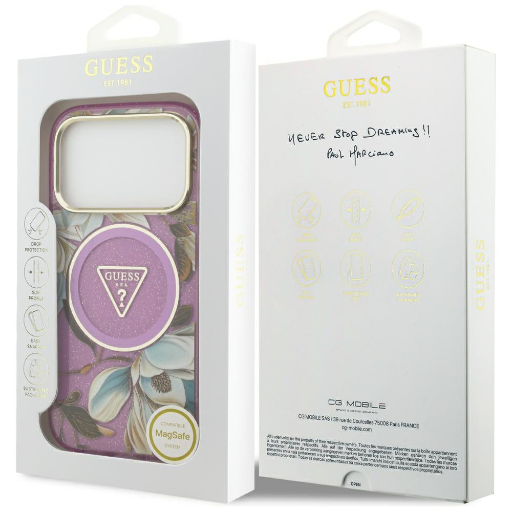 MagSafe-Hülle für Apple iPhone 18 Pro / 17 Pro, Guess, IML Metal Glitter Flowers Triangle, Lila