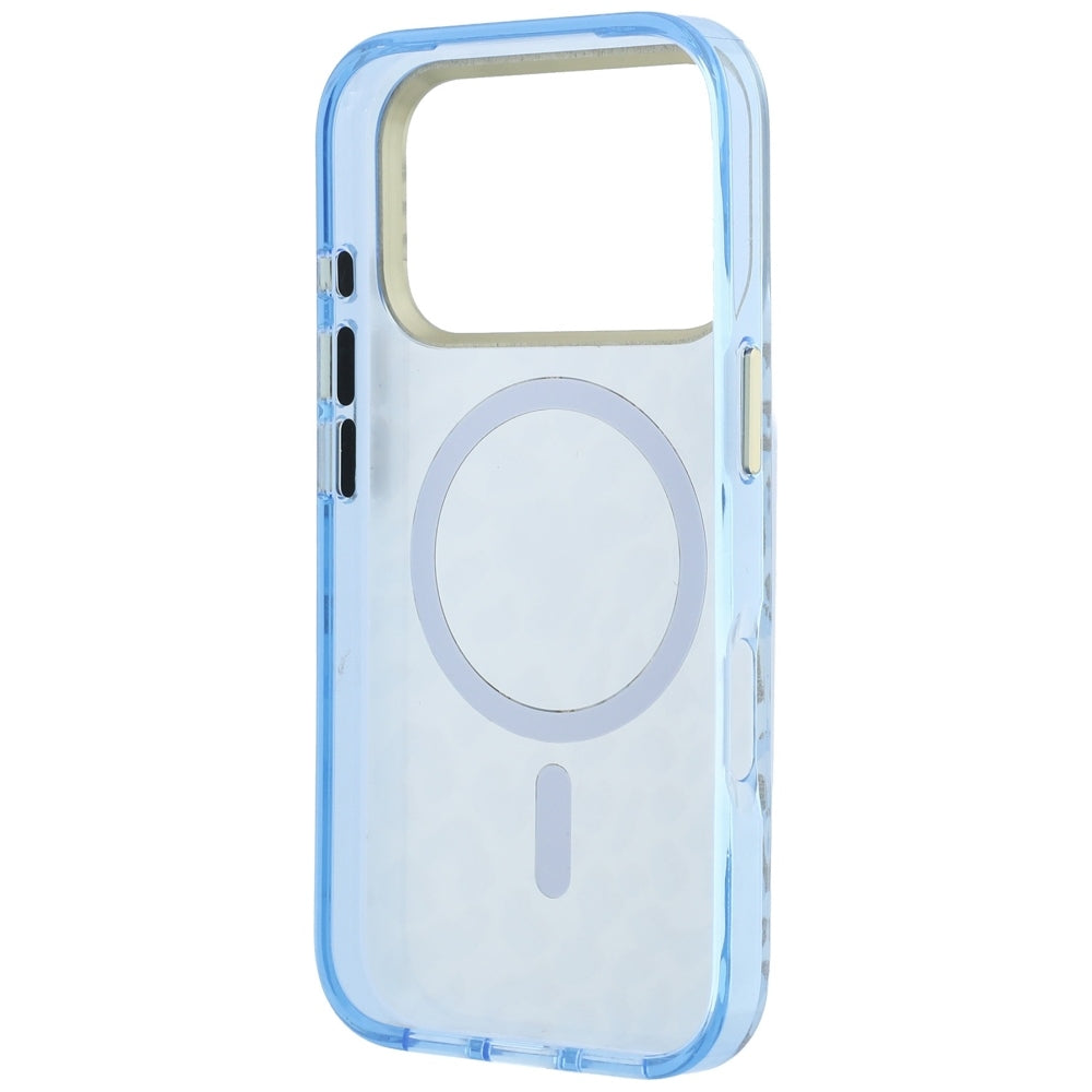 MagSafe-Hülle für Apple iPhone 18 Pro / 17 Pro, Guess, Leopard Glitter Dreieck Logo, Blau