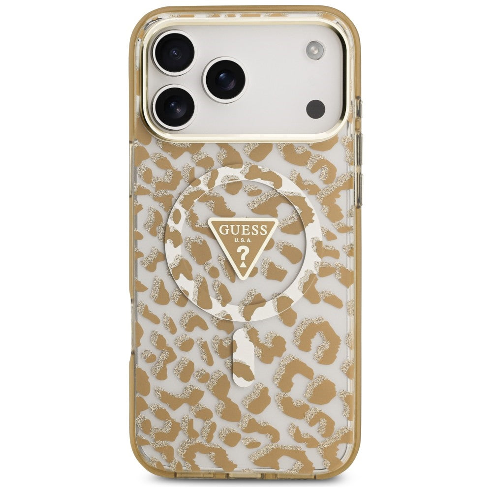 MagSafe-Hülle für Apple iPhone 18 Pro / 17 Pro, Guess, Leopard Glitter Dreieck Logo, Braun