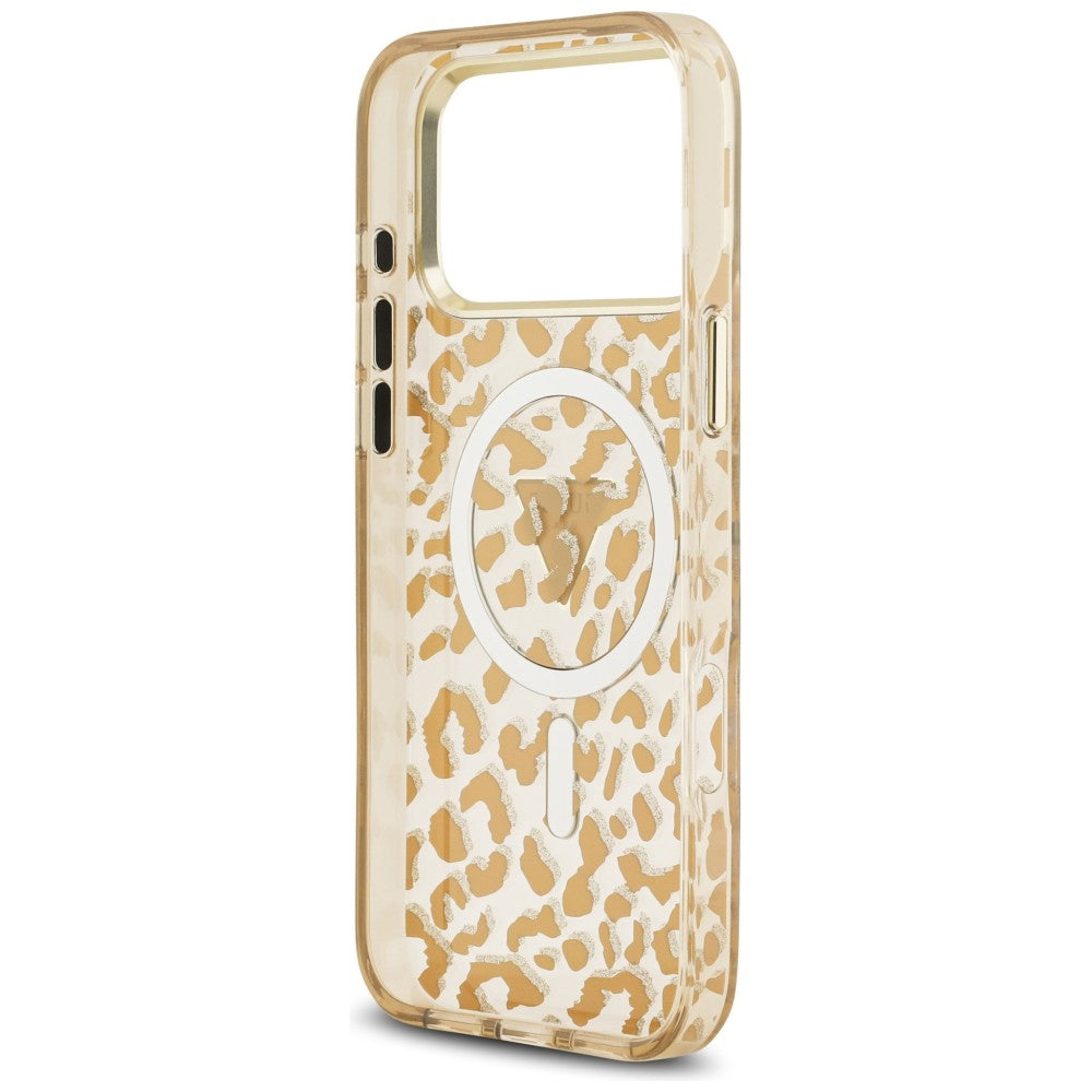 MagSafe-Hülle für Apple iPhone 18 Pro / 17 Pro, Guess, Leopard Glitter Dreieck Logo, Braun