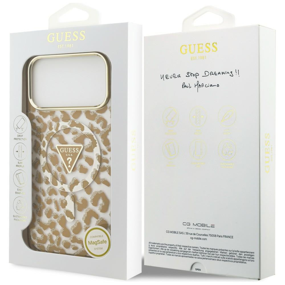 MagSafe-Hülle für Apple iPhone 18 Pro / 17 Pro, Guess, Leopard Glitter Dreieck Logo, Braun
