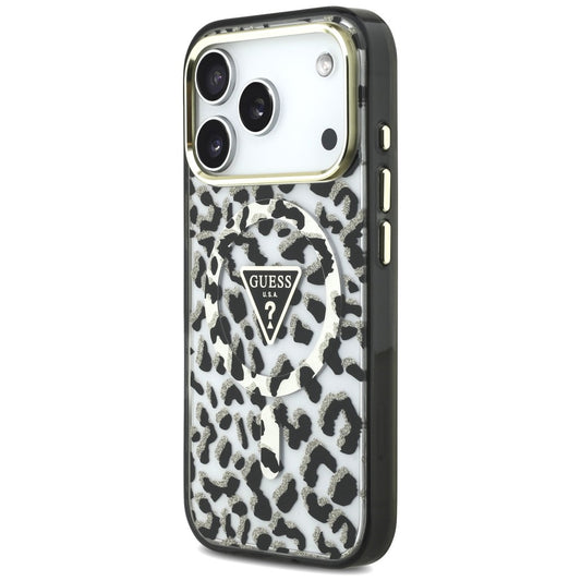 MagSafe-Hülle für Apple iPhone 18 Pro / 17 Pro, Guess, Leopard Glitter Dreieck Logo, Schwarz