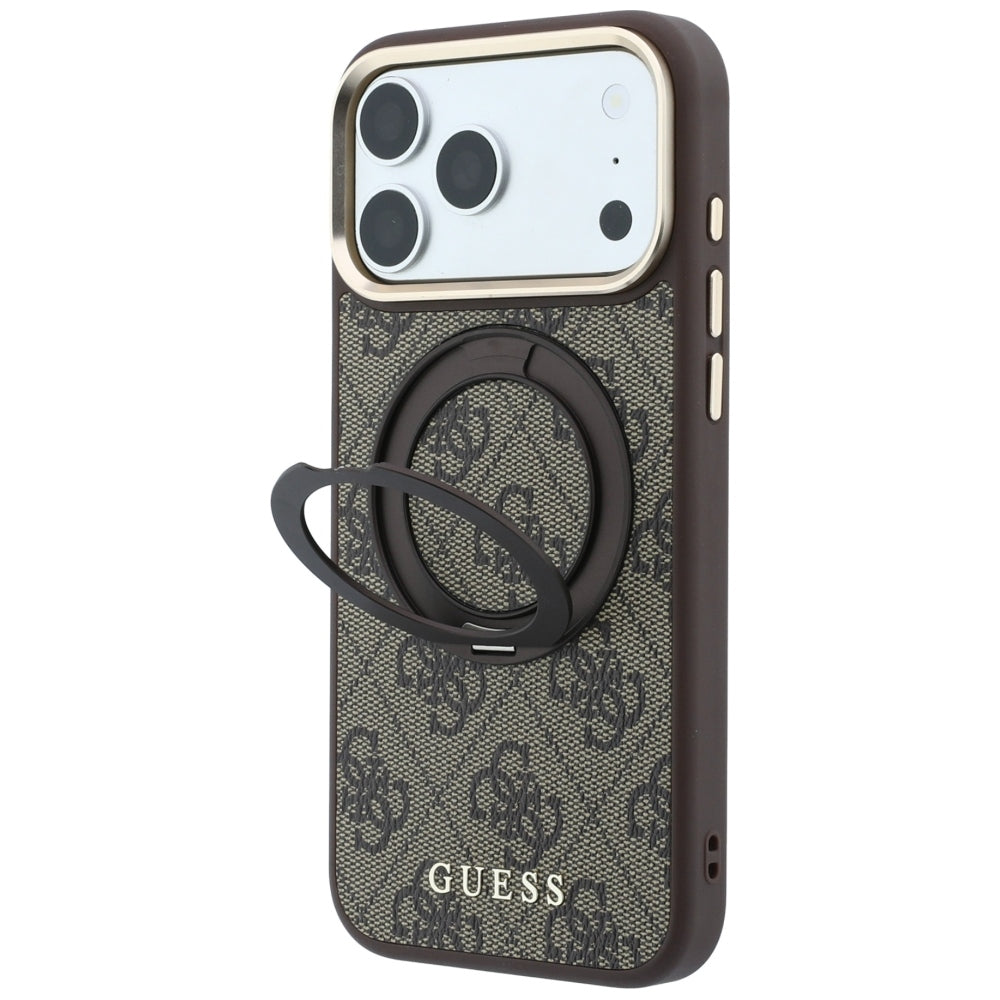 MagSafe-Hülle für Apple iPhone 18 Pro / 17 Pro, Guess, Ring Stand 360 4G Classic Logo, Braun