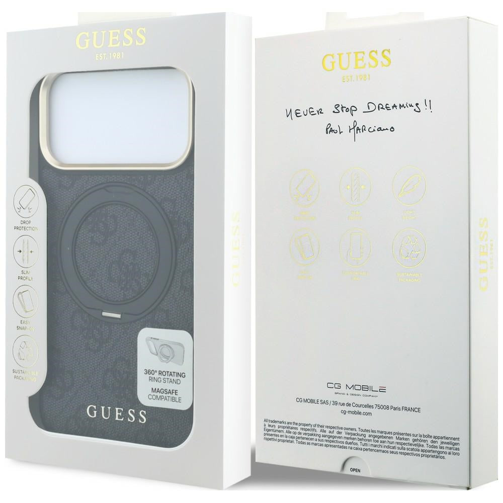 MagSafe-Hülle für Apple iPhone 18 Pro / 17 Pro, Guess, Ring Stand Classic Logo, Schwarz