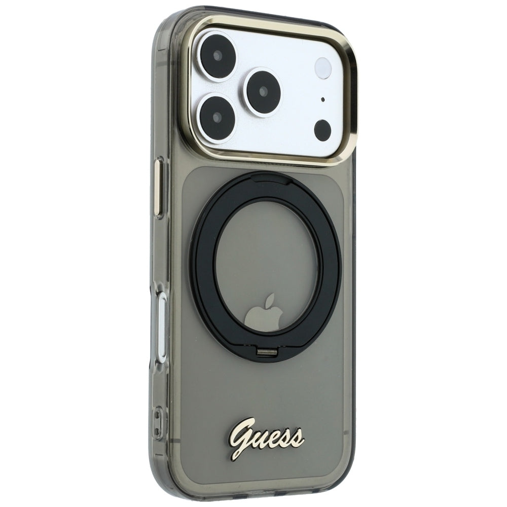 MagSafe-Hülle für Apple iPhone 18 Pro / 17 Pro, Guess, Ring Stand Script Metall-Logo, Schwarz