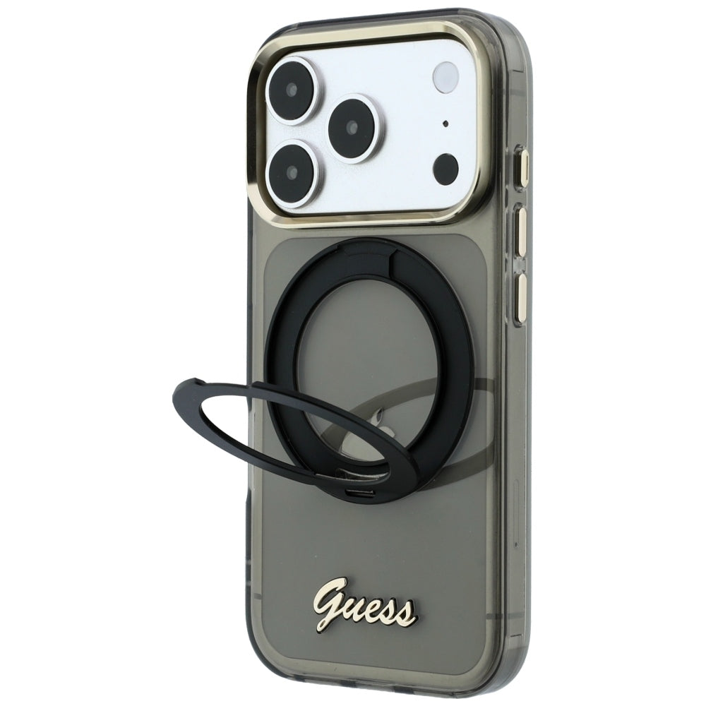 MagSafe-Hülle für Apple iPhone 18 Pro / 17 Pro, Guess, Ring Stand Script Metall-Logo, Schwarz