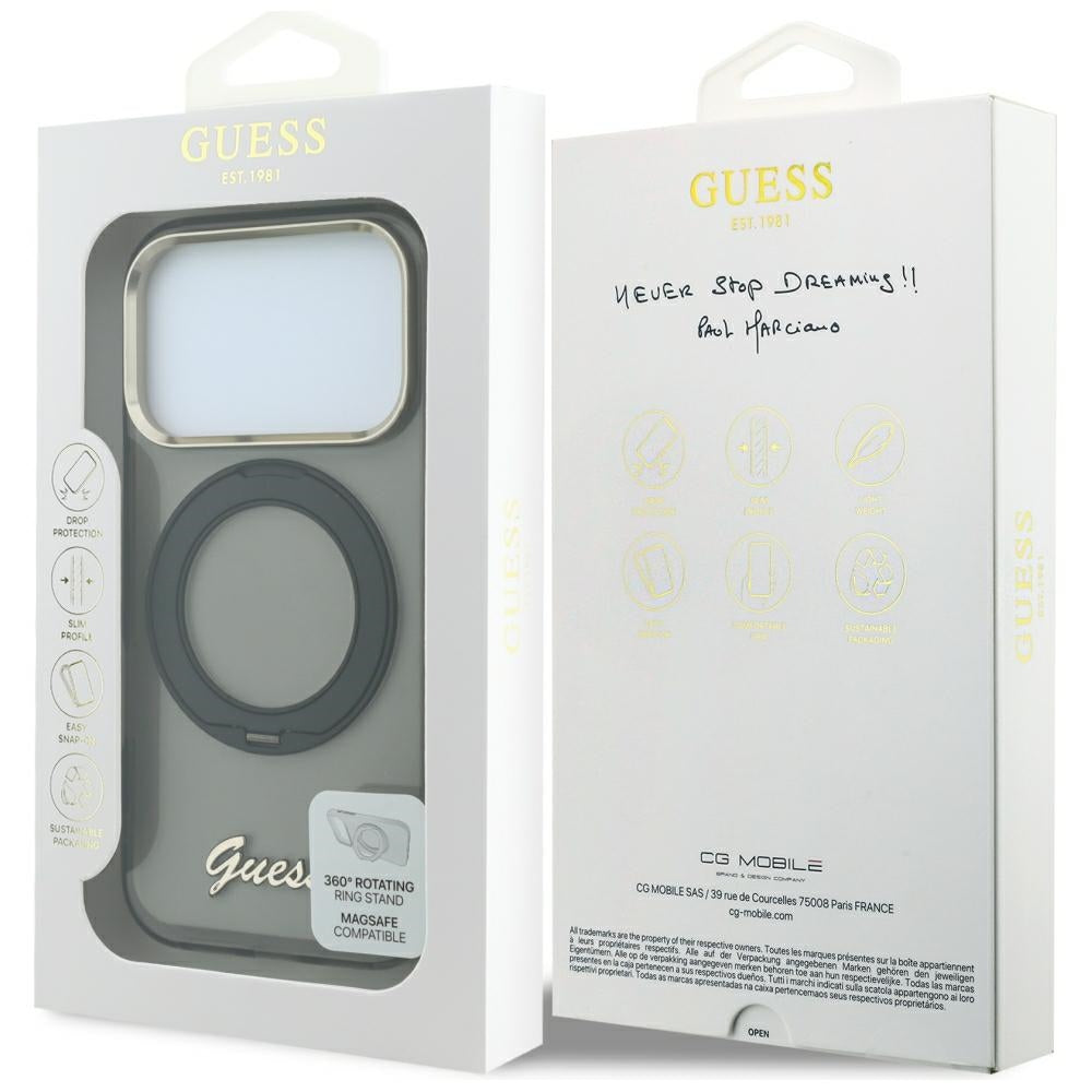 MagSafe-Hülle für Apple iPhone 18 Pro / 17 Pro, Guess, Ring Stand Script Metall-Logo, Schwarz