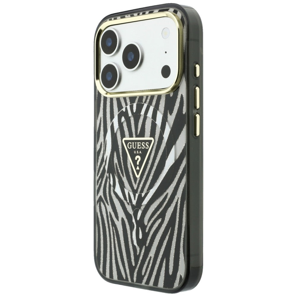 MagSafe Case for Apple iPhone 18 Pro / 17 Pro, Guess, Zebra Glitter Triangle Logo, Silver