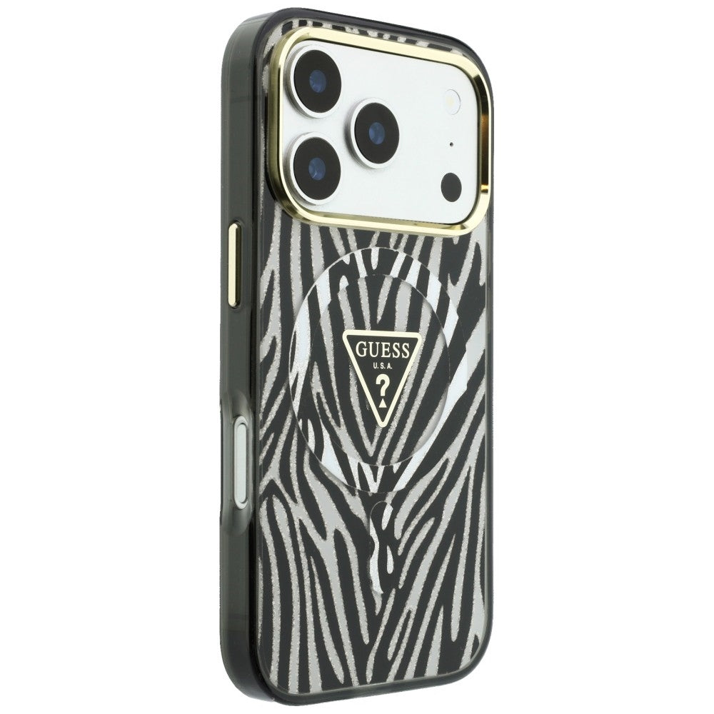 MagSafe Case for Apple iPhone 18 Pro / 17 Pro, Guess, Zebra Glitter Triangle Logo, Silver